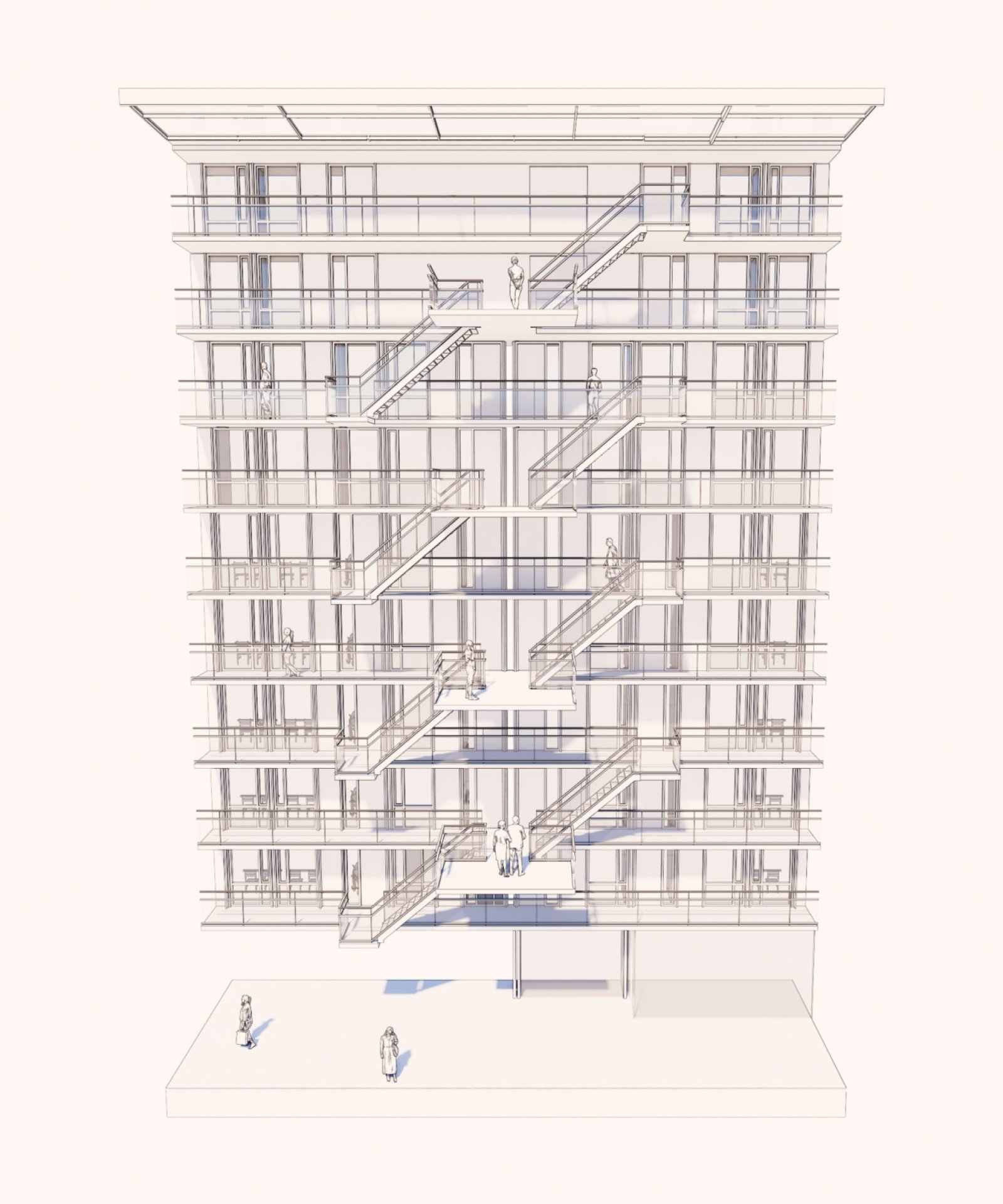 Lijntekening van het atrium van Riekerhof in vooraanzicht: galerijen over meerdere verdiepingen, verbonden door trappen en tussenverdiepingen waar bewoners elkaar ontmoeten.