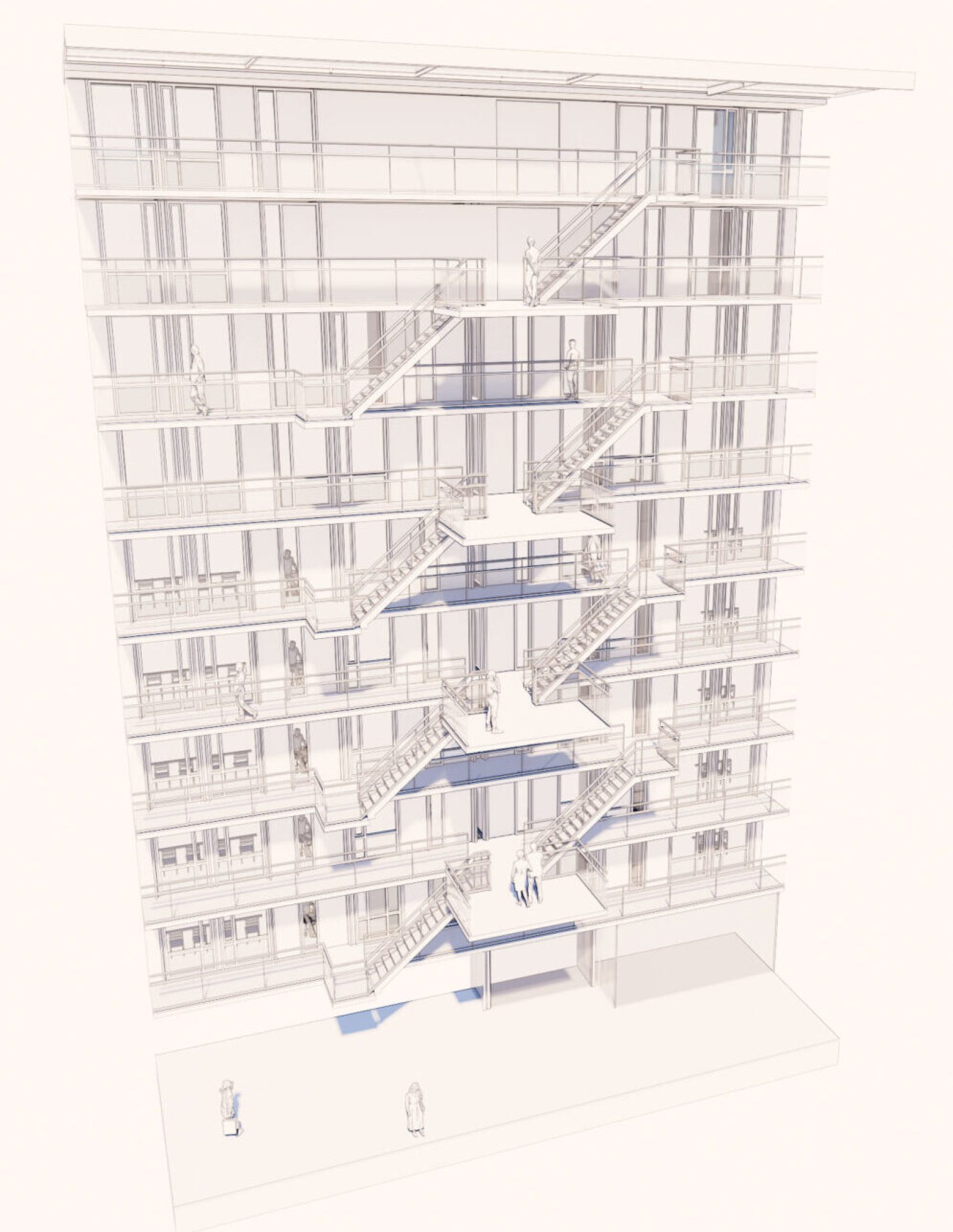 Lijntekening van het atrium van Riekerhof in perspectief: galerijen en trappen die de verdiepingen aan elkaar koppelen, met bewoners op de galerijen.